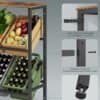 Stabil förvaringshylla för frukt och drycker med säkerhetsfunktioner.