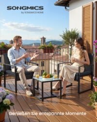 SONGMICS Set of 3 Garden Furniture Polyrattan Outdoor Patio Balcony Garden Easy Assembly Side Table and 2 Chairs Black GGF010B01