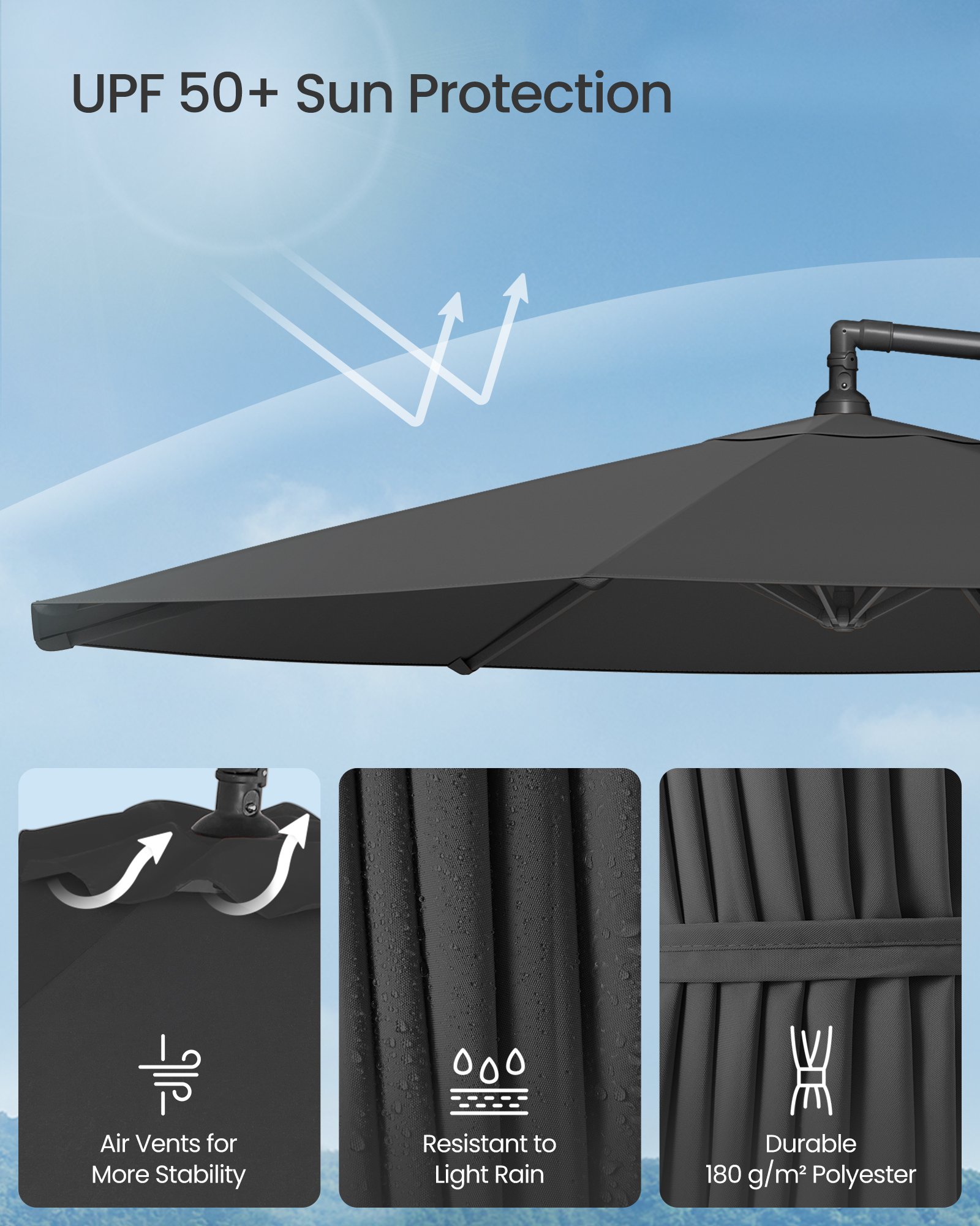 SONGMICS Cantilever Garden Parasol, 3 m Banana Patio Umbrella with Base, Hanging Umbrella with Crank for Opening Closing, Sunshade with Protection UPF 50+, Grey GPU116G01 3 SONGMICS Cantilever Garden Parasol, 3 m Banana Patio Umbrella with Base, Hanging Umbrella with Crank for Opening Closing, Sunshade with Protection UPF 50+, Grey GPU116G01 - Bild 3