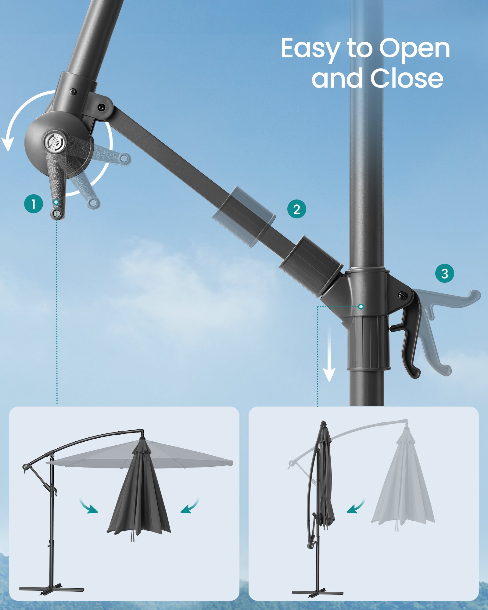 SONGMICS Cantilever Garden Parasol, 3 m Banana Patio Umbrella with Base, Hanging Umbrella with Crank for Opening Closing, Sunshade with Protection UPF 50+, Grey GPU116G01 6 SONGMICS Cantilever Garden Parasol, 3 m Banana Patio Umbrella with Base, Hanging Umbrella with Crank for Opening Closing, Sunshade with Protection UPF 50+, Grey GPU116G01 - Bild 6