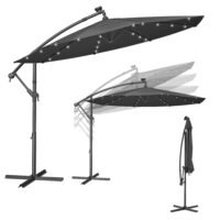 SONGMICS Cantilever Garden Parasol with Solar-Powered LED Lights, 3 m Banana Patio Umbrella with Base, Crank for Opening Closing, Sunshade with Protection UPF 50+, Grey GPU118G01