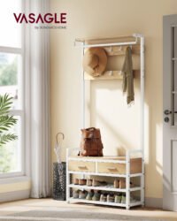 VASAGLE HSR429YA01 Entrance Coat Rack with 10 Removable Hooks, 2 Drawers, Shoe Bench, Separable Design, 30 x 80.5 x 181.5 cm, Golden Oak and Matt White
