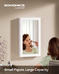 SONGMICS Lockable Jewelry Cabinet Armoire with Mirror, Wall-Mounted Space Saving Jewelry Storage Organizer, White JJC51WT