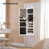 SONGMICS 6 LEDs Mirror Jewelry Cabinet, 47.2-Inch Tall Lockable Wall or Door Mounted Jewelry Armoire Organizer with Mirror, 2 Drawers, 3.9 x 14.6 x 47.2 Inches, White JJC93W