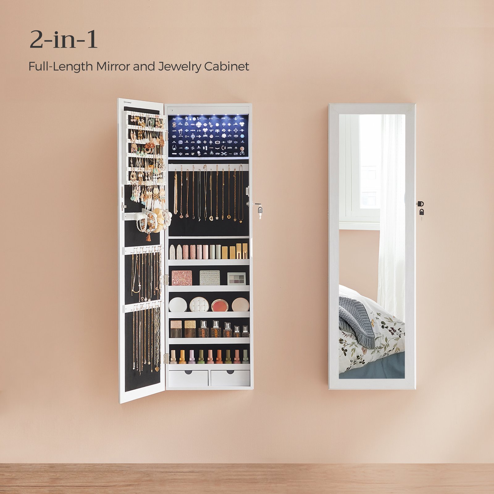 SONGMICS 6 LEDs Mirror Jewelry Cabinet, 47.2-Inch Tall Lockable Wall or Door Mounted Jewelry Armoire Organizer with Mirror, 2 Drawers, 3.9 x 14.6 x 47.2 Inches, White JJC93W 2 SONGMICS 6 LEDs Mirror Jewelry Cabinet, 47.2-Inch Tall Lockable Wall or Door Mounted Jewelry Armoire Organizer with Mirror, 2 Drawers, 3.9 x 14.6 x 47.2 Inches, White JJC93W - Bild 2