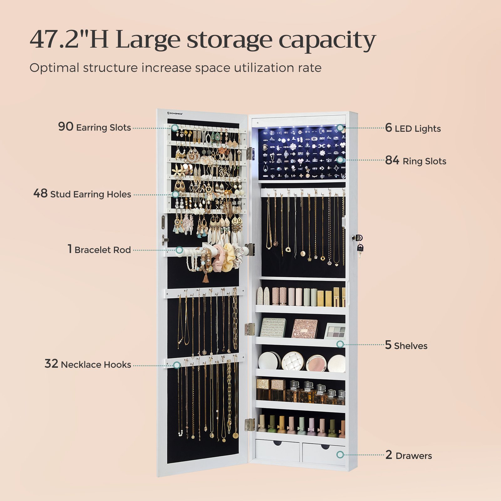 SONGMICS 6 LEDs Mirror Jewelry Cabinet, 47.2-Inch Tall Lockable Wall or Door Mounted Jewelry Armoire Organizer with Mirror, 2 Drawers, 3.9 x 14.6 x 47.2 Inches, White JJC93W 3 SONGMICS 6 LEDs Mirror Jewelry Cabinet, 47.2-Inch Tall Lockable Wall or Door Mounted Jewelry Armoire Organizer with Mirror, 2 Drawers, 3.9 x 14.6 x 47.2 Inches, White JJC93W - Bild 3