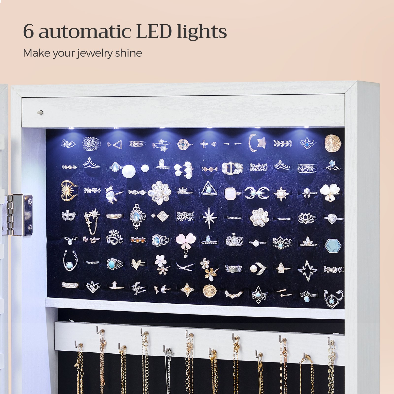 SONGMICS 6 LEDs Mirror Jewelry Cabinet, 47.2-Inch Tall Lockable Wall or Door Mounted Jewelry Armoire Organizer with Mirror, 2 Drawers, 3.9 x 14.6 x 47.2 Inches, White JJC93W 5 SONGMICS 6 LEDs Mirror Jewelry Cabinet, 47.2-Inch Tall Lockable Wall or Door Mounted Jewelry Armoire Organizer with Mirror, 2 Drawers, 3.9 x 14.6 x 47.2 Inches, White JJC93W - Bild 5