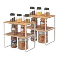 SONGMICS Kitchen Cupboard Organisers, Set of 4 Counter Storage Shelves, Stackable, Expandable Spice Racks, Metal and Bamboo, White and Natural KCS010N01