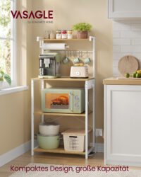 VASAGLE KKS014Y02 Kitchen Shelf with Sockets, Standing Shelf, Microwave Shelf, 4 Tiers and 8 S-Hooks, Adjustable Shelf, Kitchen Roll Holder, 40 x 60 x 140 cm, Gold Oak Cloud White