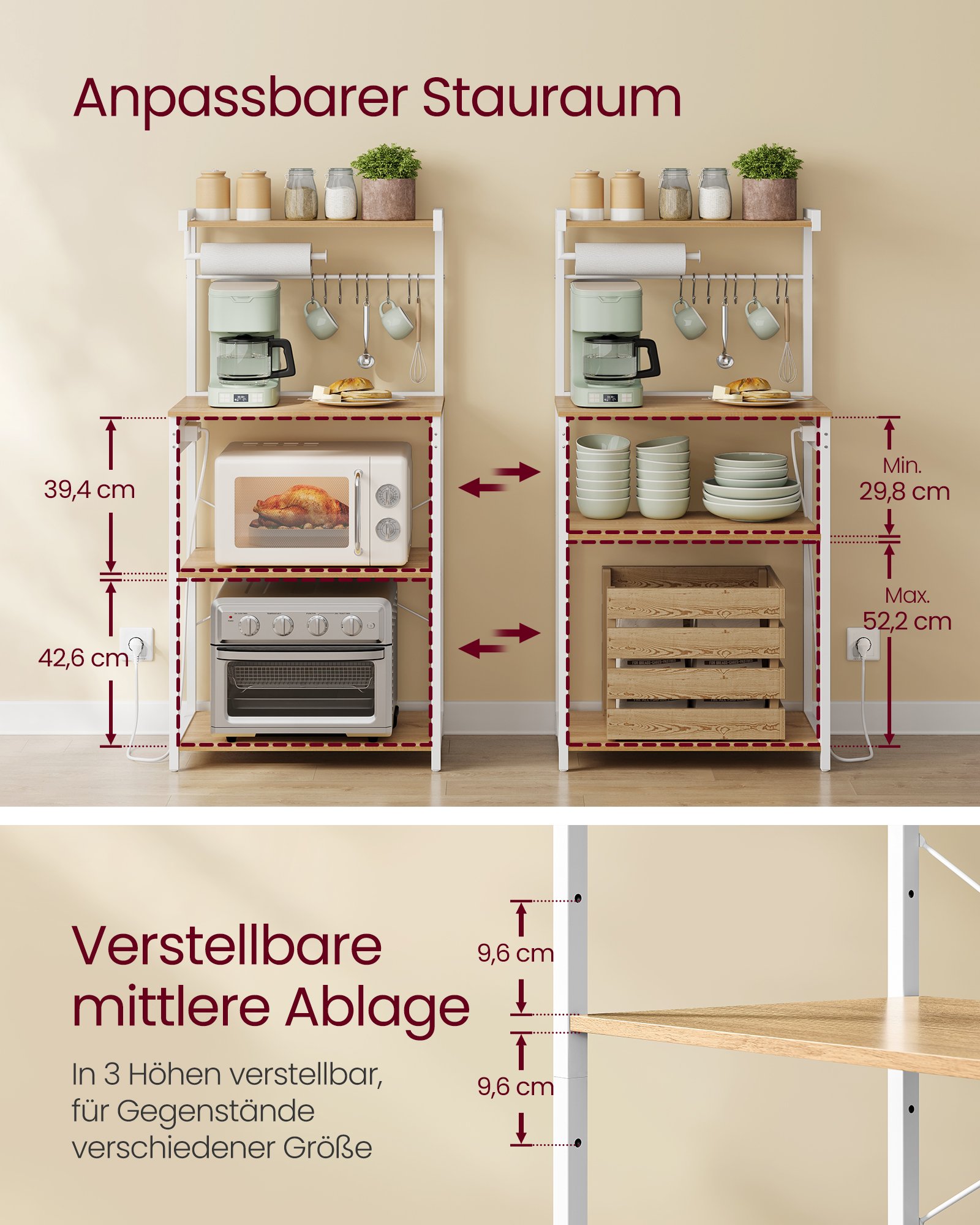 VASAGLE KKS014Y02 Kitchen Shelf with Sockets, Standing Shelf, Microwave Shelf, 4 Tiers and 8 S-Hooks, Adjustable Shelf, Kitchen Roll Holder, 40 x 60 x 140 cm, Gold Oak Cloud White 3 VASAGLE KKS014Y02 Kitchen Shelf with Sockets, Standing Shelf, Microwave Shelf, 4 Tiers and 8 S-Hooks, Adjustable Shelf, Kitchen Roll Holder, 40 x 60 x 140 cm, Gold Oak Cloud White - Bild 3