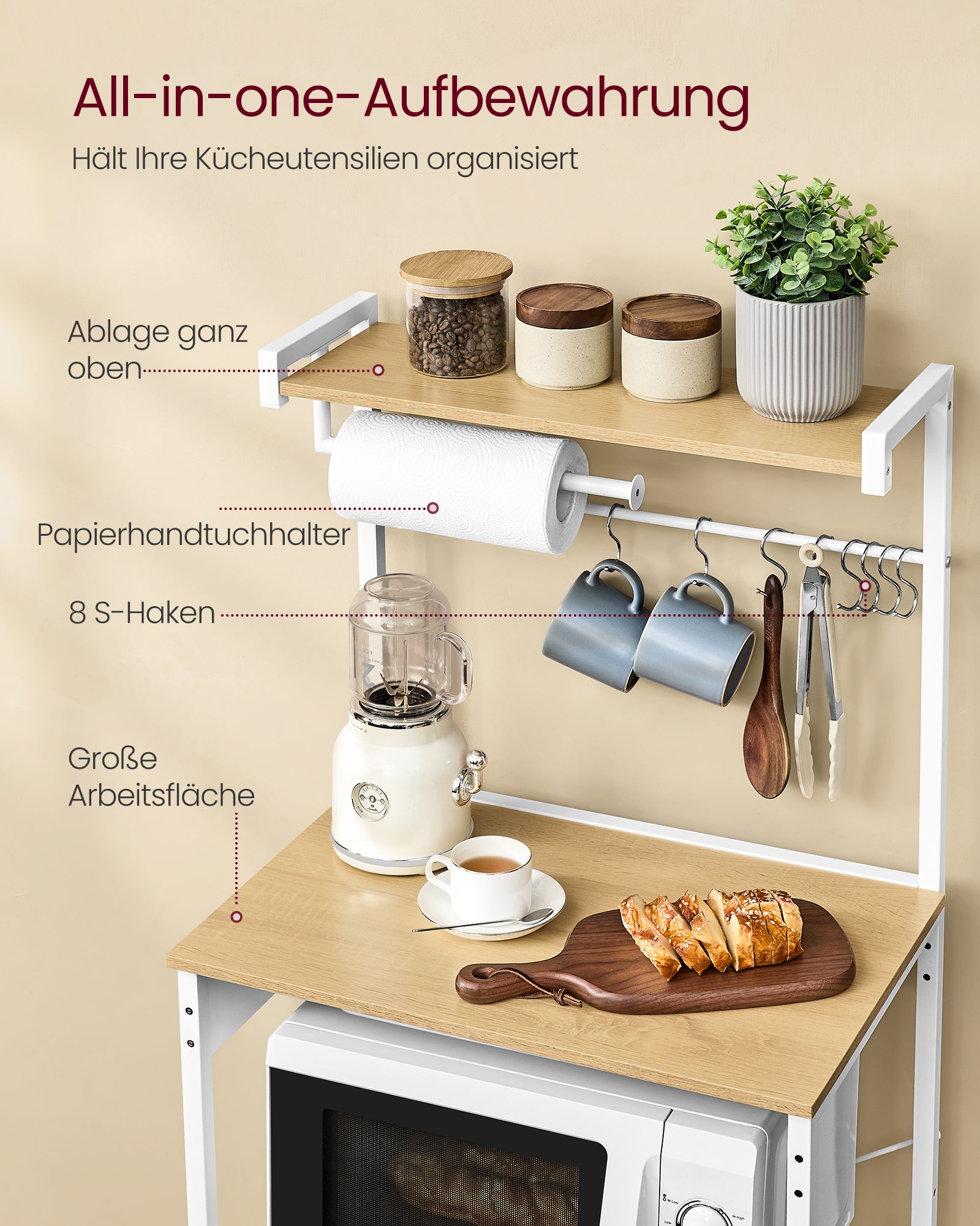 VASAGLE KKS014Y02 Kitchen Shelf with Sockets, Standing Shelf, Microwave Shelf, 4 Tiers and 8 S-Hooks, Adjustable Shelf, Kitchen Roll Holder, 40 x 60 x 140 cm, Gold Oak Cloud White 4 VASAGLE KKS014Y02 Kitchen Shelf with Sockets, Standing Shelf, Microwave Shelf, 4 Tiers and 8 S-Hooks, Adjustable Shelf, Kitchen Roll Holder, 40 x 60 x 140 cm, Gold Oak Cloud White - Bild 4