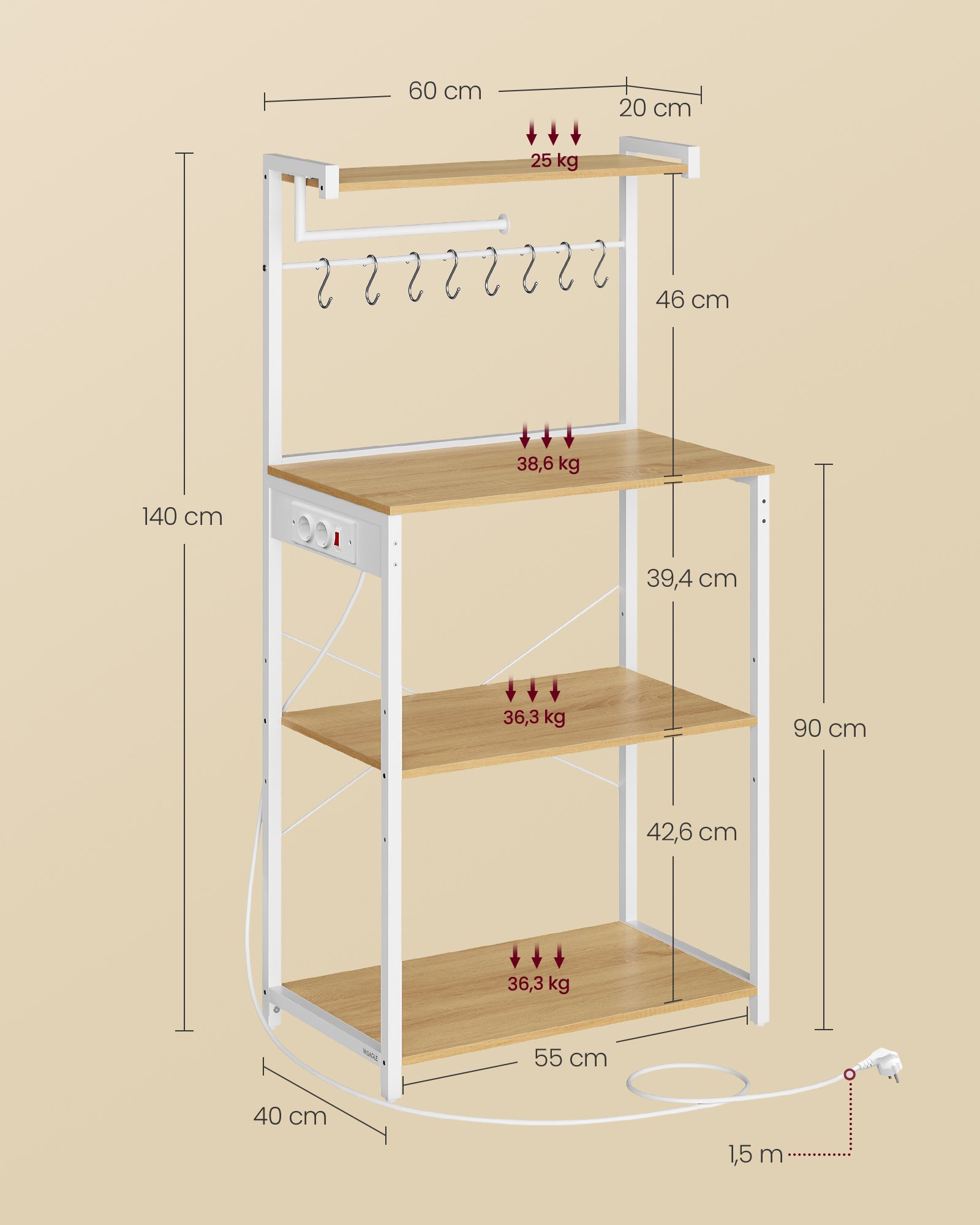 VASAGLE KKS014Y02 Kitchen Shelf with Sockets, Standing Shelf, Microwave Shelf, 4 Tiers and 8 S-Hooks, Adjustable Shelf, Kitchen Roll Holder, 40 x 60 x 140 cm, Gold Oak Cloud White 5 VASAGLE KKS014Y02 Kitchen Shelf with Sockets, Standing Shelf, Microwave Shelf, 4 Tiers and 8 S-Hooks, Adjustable Shelf, Kitchen Roll Holder, 40 x 60 x 140 cm, Gold Oak Cloud White - Bild 5