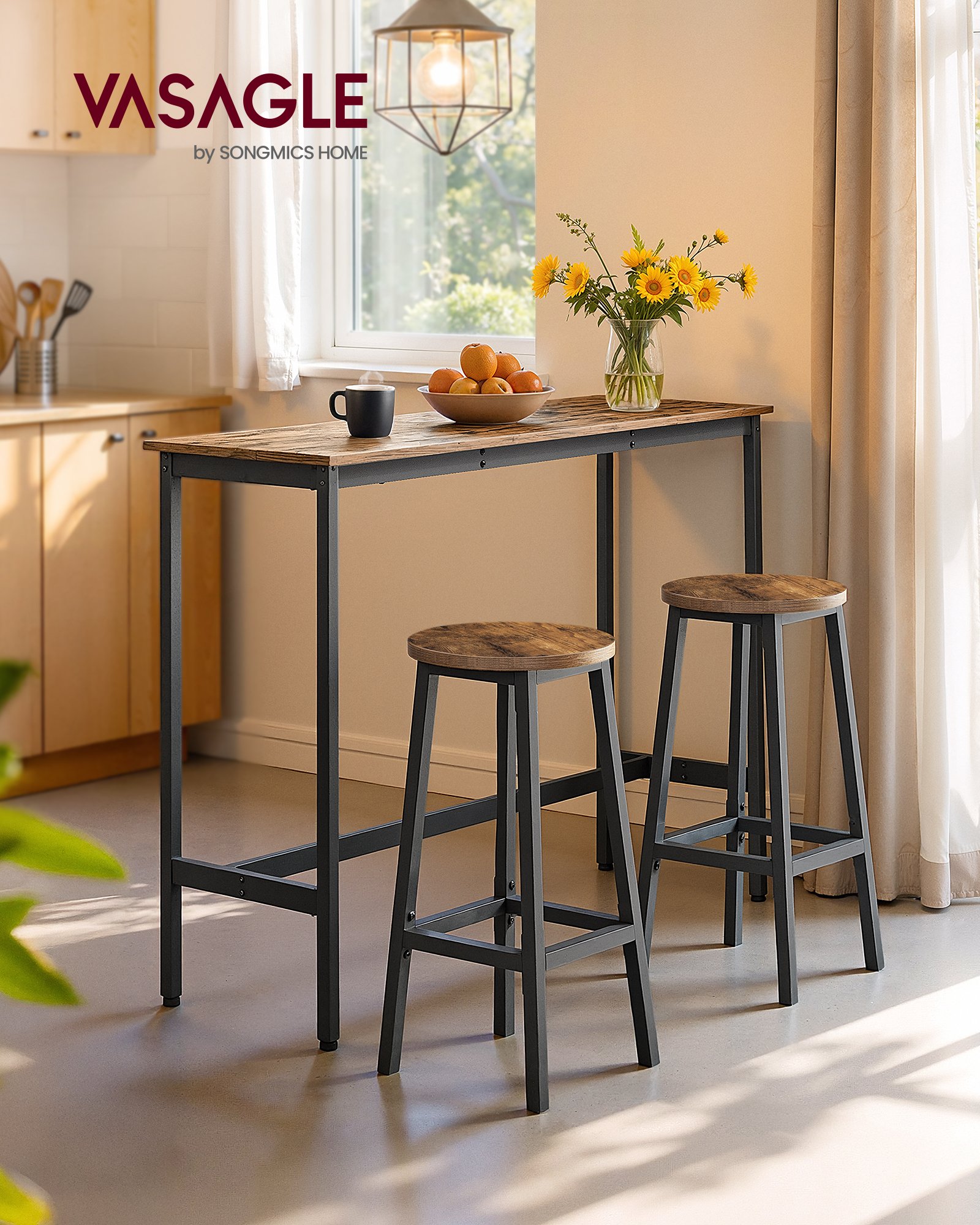 Set med 2, Kökspallar, Metallram och Fotstöd, Lätt att montera, Rustik Brun och Svart 2 Set med 2, Kökspallar, Metallram och Fotstöd, Lätt att montera, Rustik Brun och Svart - Bild 2