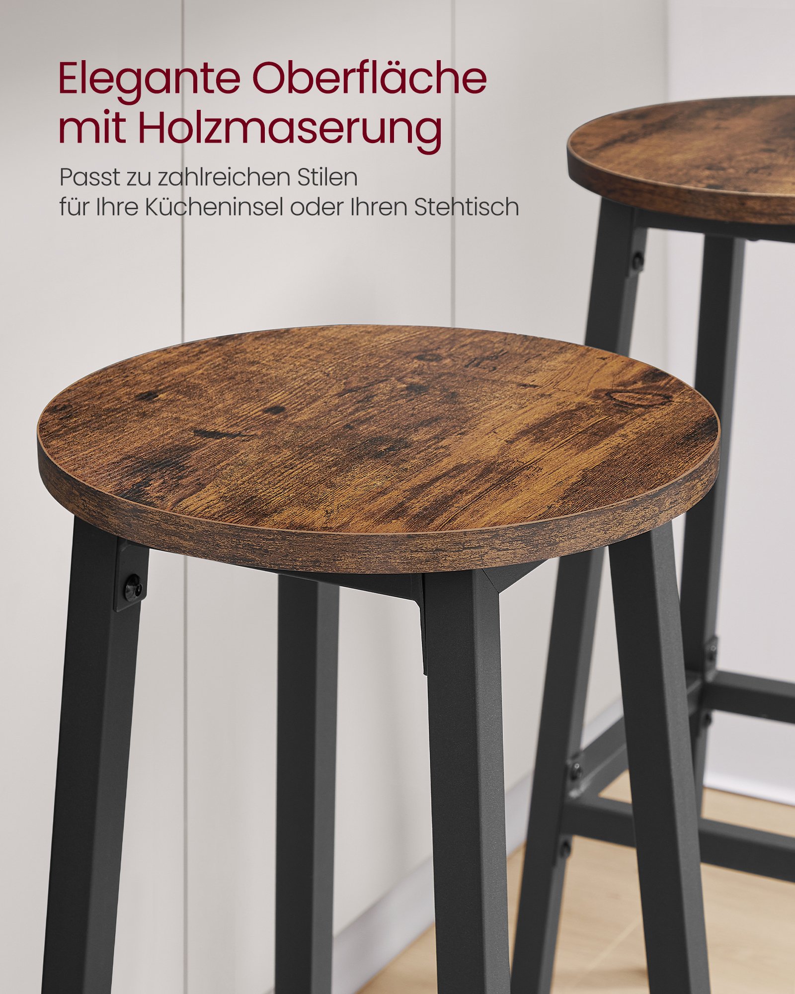 VASAGLE Set of 2 Bar Stools with Metal Frame and Footrest, Easy to Assemble Height 74 cm Kitchen Living Dining Room Rustic Brown Black LBC132K01 2 VASAGLE Set of 2 Bar Stools with Metal Frame and Footrest, Easy to Assemble Height 74 cm Kitchen Living Dining Room Rustic Brown Black LBC132K01 - Bild 2