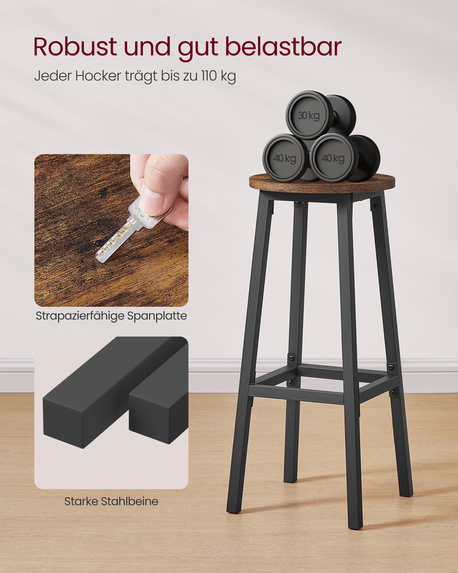 VASAGLE Set of 2 Bar Stools with Metal Frame and Footrest, Easy to Assemble Height 74 cm Kitchen Living Dining Room Rustic Brown Black LBC132K01 3 VASAGLE Set of 2 Bar Stools with Metal Frame and Footrest, Easy to Assemble Height 74 cm Kitchen Living Dining Room Rustic Brown Black LBC132K01 - Bild 3
