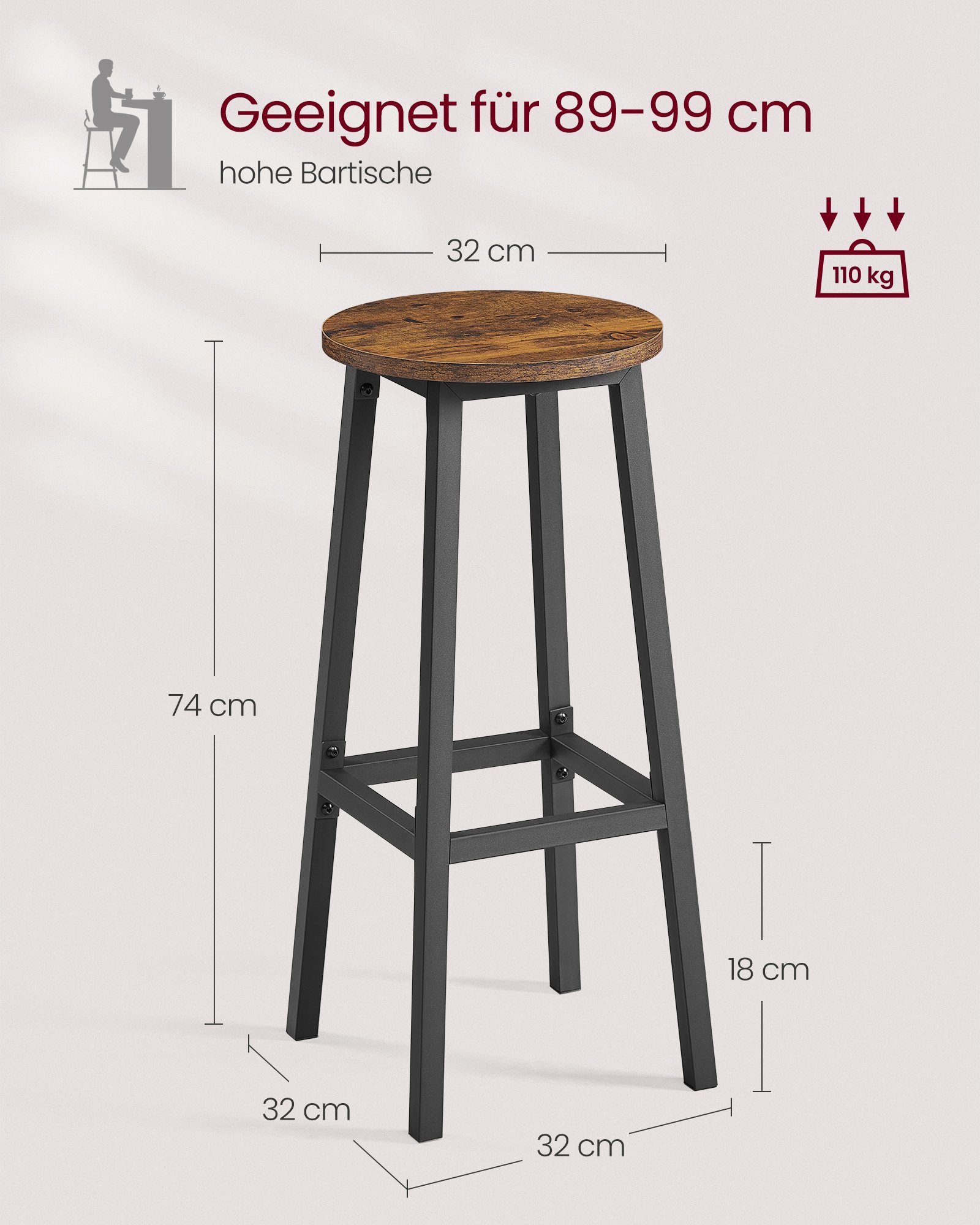 VASAGLE Set of 2 Bar Stools with Metal Frame and Footrest, Easy to Assemble Height 74 cm Kitchen Living Dining Room Rustic Brown Black LBC132K01 4 VASAGLE Set of 2 Bar Stools with Metal Frame and Footrest, Easy to Assemble Height 74 cm Kitchen Living Dining Room Rustic Brown Black LBC132K01 - Bild 4