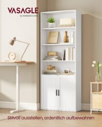 VASAGLE Bookcase, 6-Tier Tall Bookshelf, Book Shelf with Doors, Shelving Unit, 24 x 60 x 175 cm, for Living Room, Home Office, Dinning Room, Cloud White LBC402W01