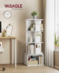 VASAGLE Custos Collection - Rotating Bookcase, Storage Shelf with 4 Levels, Standing Shelf with Open Compartments, 40 x 40 x 124.6 cm, for Bedroom, Living Room, Office, Cloud White LBC471WB01