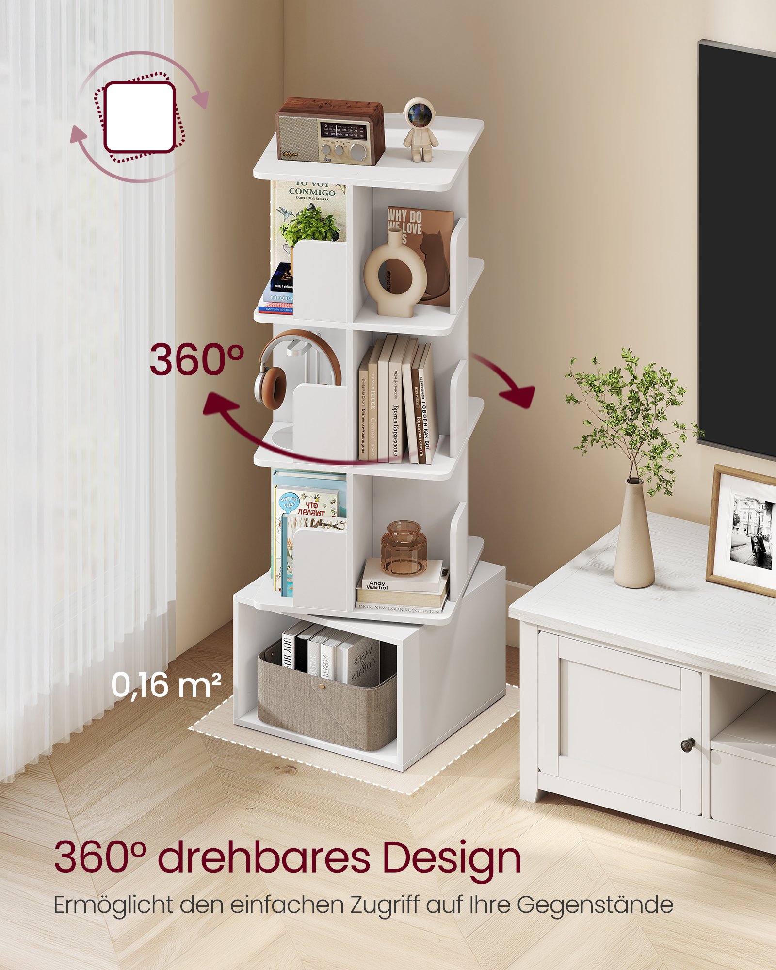 VASAGLE Custos Collection - Rotating Bookcase, Storage Shelf with 4 Levels, Standing Shelf with Open Compartments, 40 x 40 x 124.6 cm, for Bedroom, Living Room, Office, Cloud White LBC471WB01 2 VASAGLE Custos Collection - Rotating Bookcase, Storage Shelf with 4 Levels, Standing Shelf with Open Compartments, 40 x 40 x 124.6 cm, for Bedroom, Living Room, Office, Cloud White LBC471WB01 - Bild 2