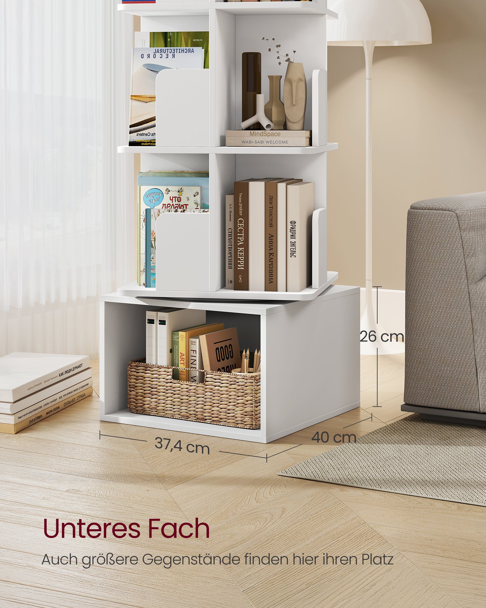 VASAGLE Custos Collection - Rotating Bookcase, Storage Shelf with 4 Levels, Standing Shelf with Open Compartments, 40 x 40 x 124.6 cm, for Bedroom, Living Room, Office, Cloud White LBC471WB01 4 VASAGLE Custos Collection - Rotating Bookcase, Storage Shelf with 4 Levels, Standing Shelf with Open Compartments, 40 x 40 x 124.6 cm, for Bedroom, Living Room, Office, Cloud White LBC471WB01 - Bild 4