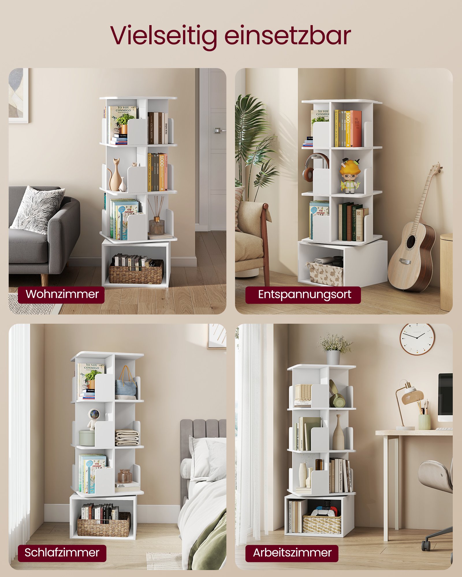 VASAGLE Custos Collection - Rotating Bookcase, Storage Shelf with 4 Levels, Standing Shelf with Open Compartments, 40 x 40 x 124.6 cm, for Bedroom, Living Room, Office, Cloud White LBC471WB01 6 VASAGLE Custos Collection - Rotating Bookcase, Storage Shelf with 4 Levels, Standing Shelf with Open Compartments, 40 x 40 x 124.6 cm, for Bedroom, Living Room, Office, Cloud White LBC471WB01 - Bild 6