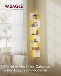 VASAGLE Wall Mounted Corner Shelf with RGB LED Lights, 5-Tier Floating Corner Bookshelf, Plant Shelf, for Bedroom, Living Room, Bathroom, Office, Button and Remote Control, Matte White LBC630W01