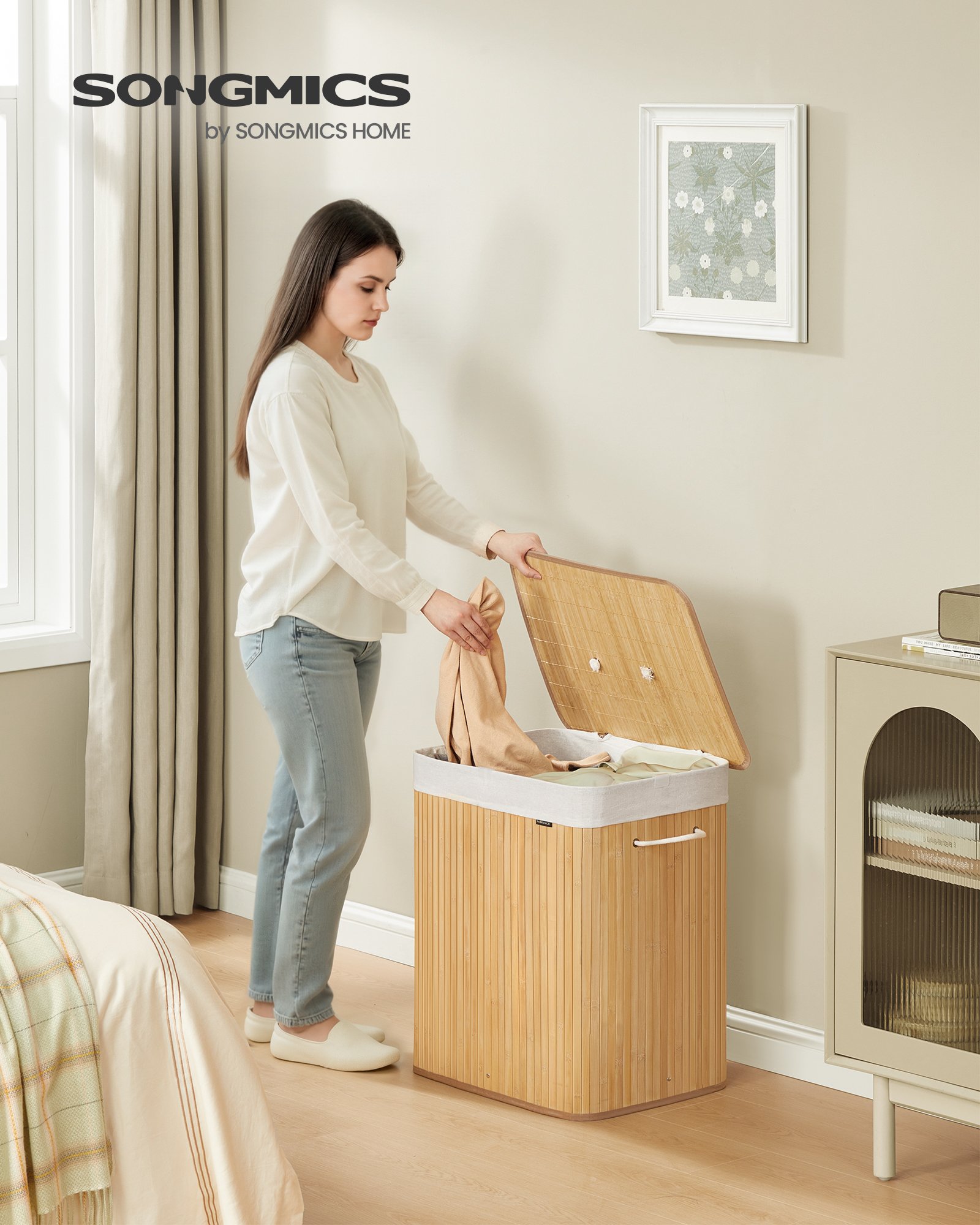 SONGMICS Laundry Basket with Lid, 2 Compartments, 120 Liters, Bamboo Laundry Hamper, Foldable, Removable and Machine Washable Laundry Bag, with Handles, for Laundry Room, Natural Color LCB014Y01 2 SONGMICS Laundry Basket with Lid, 2 Compartments, 120 Liters, Bamboo Laundry Hamper, Foldable, Removable and Machine Washable Laundry Bag, with Handles, for Laundry Room, Natural Color LCB014Y01 - Bild 2