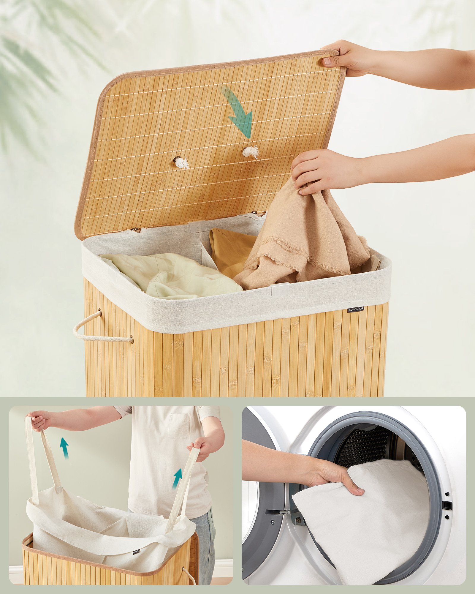 SONGMICS Laundry Basket with Lid, 2 Compartments, 120 Liters, Bamboo Laundry Hamper, Foldable, Removable and Machine Washable Laundry Bag, with Handles, for Laundry Room, Natural Color LCB014Y01 3 SONGMICS Laundry Basket with Lid, 2 Compartments, 120 Liters, Bamboo Laundry Hamper, Foldable, Removable and Machine Washable Laundry Bag, with Handles, for Laundry Room, Natural Color LCB014Y01 - Bild 3