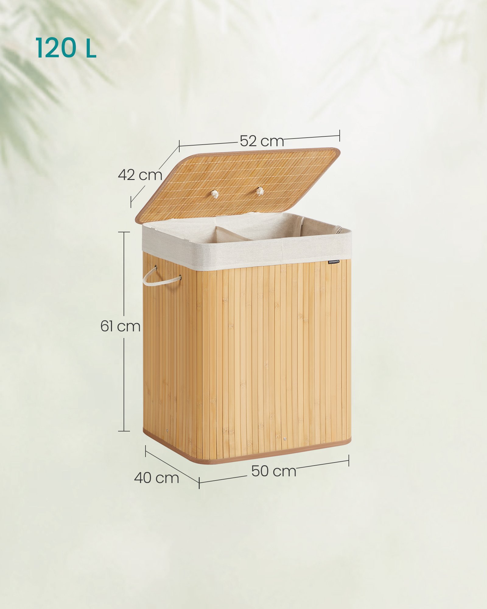 SONGMICS Laundry Basket with Lid, 2 Compartments, 120 Liters, Bamboo Laundry Hamper, Foldable, Removable and Machine Washable Laundry Bag, with Handles, for Laundry Room, Natural Color LCB014Y01 5 SONGMICS Laundry Basket with Lid, 2 Compartments, 120 Liters, Bamboo Laundry Hamper, Foldable, Removable and Machine Washable Laundry Bag, with Handles, for Laundry Room, Natural Color LCB014Y01 - Bild 5