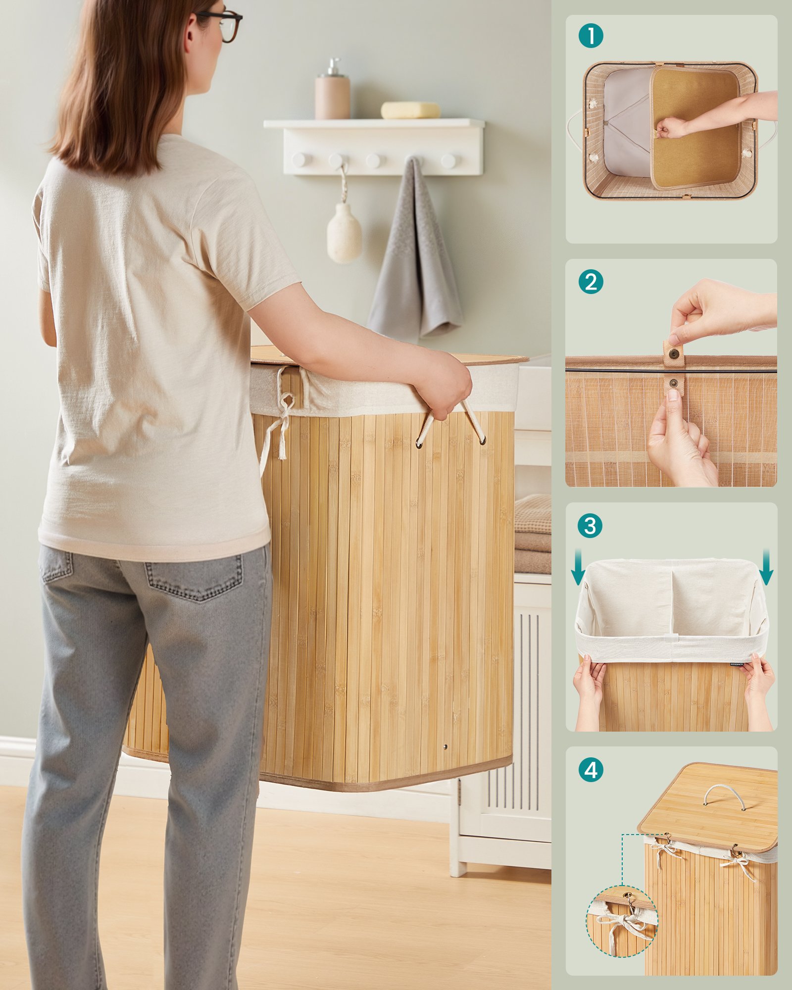 SONGMICS Laundry Basket with Lid, 2 Compartments, 120 Liters, Bamboo Laundry Hamper, Foldable, Removable and Machine Washable Laundry Bag, with Handles, for Laundry Room, Natural Color LCB014Y01 6 SONGMICS Laundry Basket with Lid, 2 Compartments, 120 Liters, Bamboo Laundry Hamper, Foldable, Removable and Machine Washable Laundry Bag, with Handles, for Laundry Room, Natural Color LCB014Y01 - Bild 6