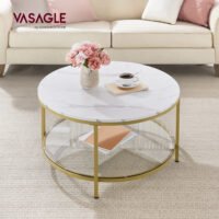 VASAGLE Coffee Table, Living Room Table, Sofa Cocktail Table Faux Marble Round, Tempered Glass Storage Shelf, Easy to Assemble, Modern Style, for Living Room, Marble White and Metallic Gold LCT071W59
