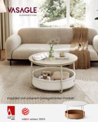 VASAGLE LCT244K01 Round Coffee Table with Storage Space Side Table Living Room Table with Fabric Basket Modern Metal Frame Natural Beige/Cream White