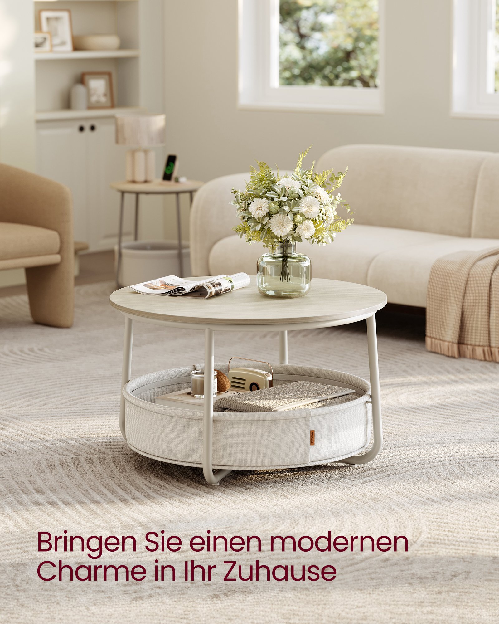 VASAGLE LCT244K01 Round Coffee Table with Storage Space Side Table Living Room Table with Fabric Basket Modern Metal Frame Natural Beige/Cream White 2 VASAGLE LCT244K01 Round Coffee Table with Storage Space Side Table Living Room Table with Fabric Basket Modern Metal Frame Natural Beige/Cream White - Bild 2