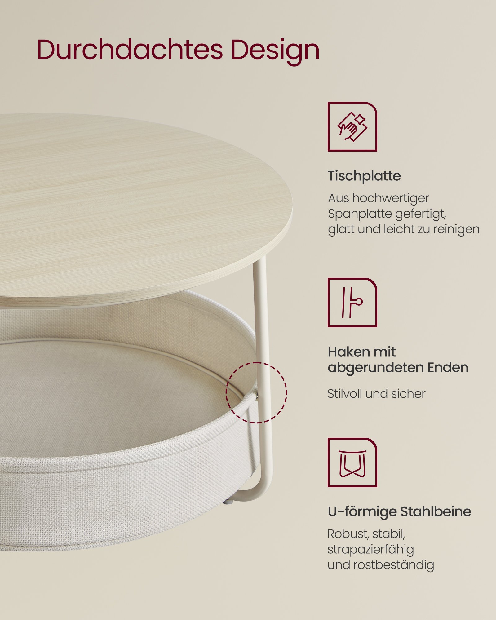 VASAGLE LCT244K01 Round Coffee Table with Storage Space Side Table Living Room Table with Fabric Basket Modern Metal Frame Natural Beige/Cream White 3 VASAGLE LCT244K01 Round Coffee Table with Storage Space Side Table Living Room Table with Fabric Basket Modern Metal Frame Natural Beige/Cream White - Bild 3