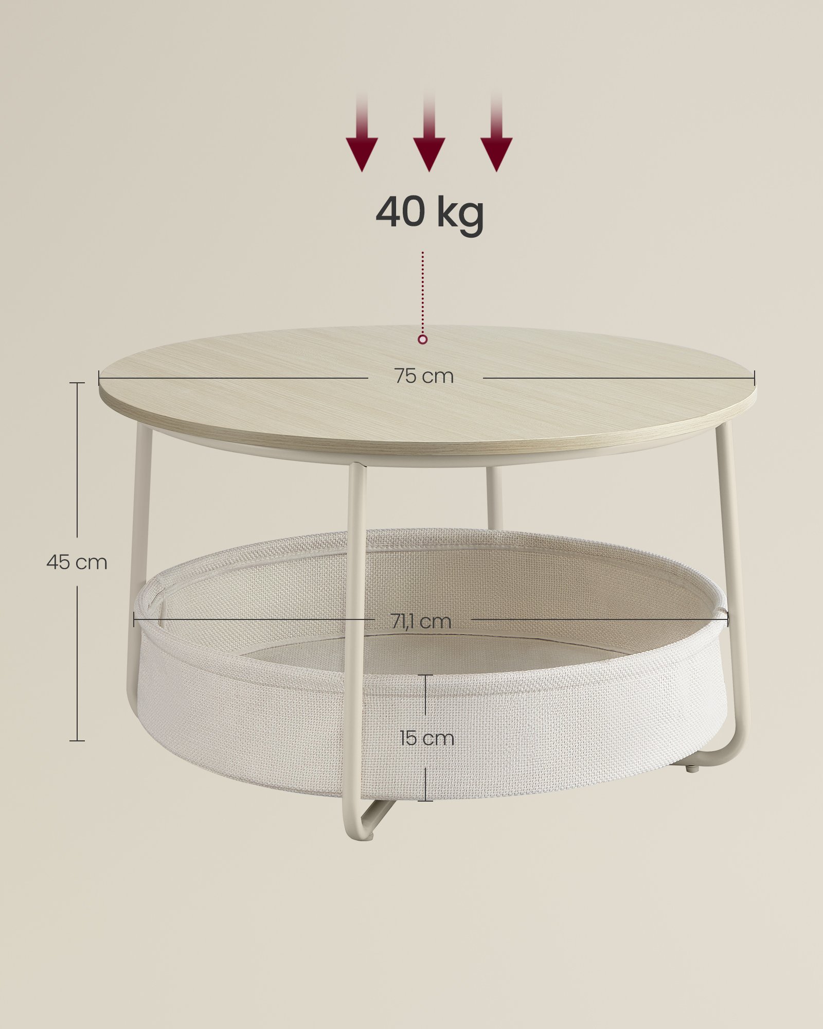 VASAGLE LCT244K01 Round Coffee Table with Storage Space Side Table Living Room Table with Fabric Basket Modern Metal Frame Natural Beige/Cream White 5 VASAGLE LCT244K01 Round Coffee Table with Storage Space Side Table Living Room Table with Fabric Basket Modern Metal Frame Natural Beige/Cream White - Bild 5