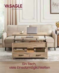 VASAGLE Coffee Table Height Adjustable Living Room Table Gas Cylinder 2 Drawers and 3 Hidden Compartments Coffee Table 1 Open Compartment for Living Room Home Office Camel Brown LCT254L01