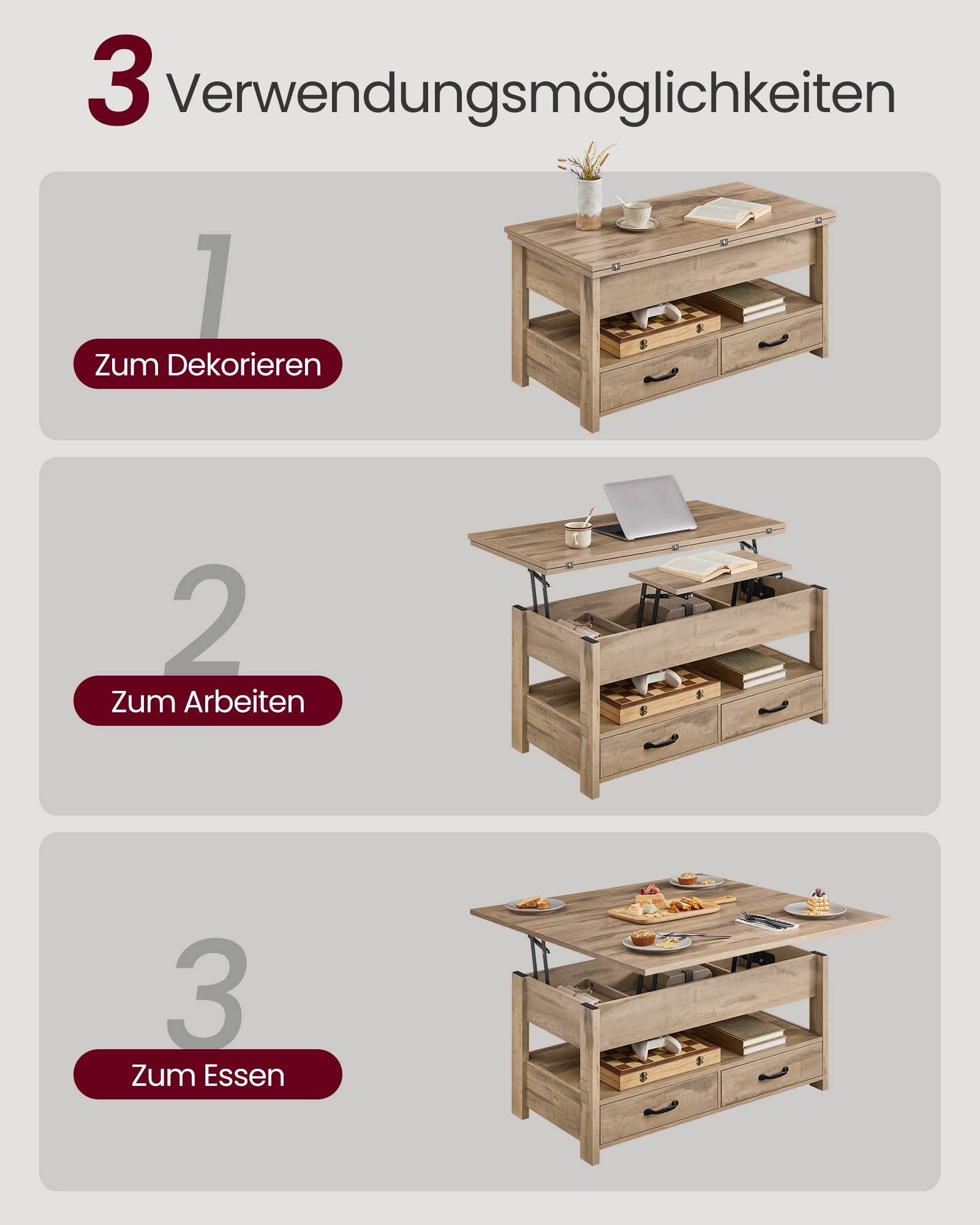 VASAGLE Coffee Table Height Adjustable Living Room Table Gas Cylinder 2 Drawers and 3 Hidden Compartments Coffee Table 1 Open Compartment for Living Room Home Office Camel Brown LCT254L01 2 VASAGLE Coffee Table Height Adjustable Living Room Table Gas Cylinder 2 Drawers and 3 Hidden Compartments Coffee Table 1 Open Compartment for Living Room Home Office Camel Brown LCT254L01 - Bild 2