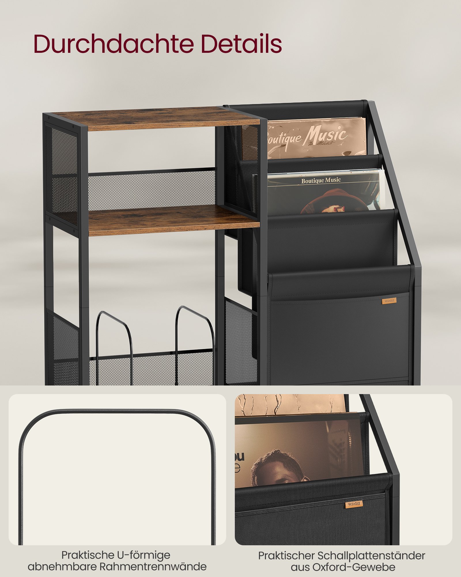 VASAGLE Record Player Stand, 3-Tier Side Table, Vinyl Record Storage up to 140 Albums, End Table for Living Room, Bedroom, Rustic Brown LET276K01 4 VASAGLE Record Player Stand, 3-Tier Side Table, Vinyl Record Storage up to 140 Albums, End Table for Living Room, Bedroom, Rustic Brown LET276K01 - Bild 4