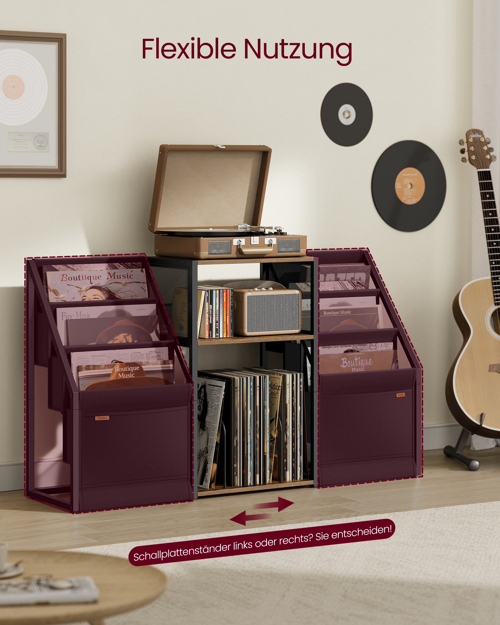 VASAGLE Record Player Stand, 3-Tier Side Table, Vinyl Record Storage up to 140 Albums, End Table for Living Room, Bedroom, Rustic Brown LET276K01 5 VASAGLE Record Player Stand, 3-Tier Side Table, Vinyl Record Storage up to 140 Albums, End Table for Living Room, Bedroom, Rustic Brown LET276K01 - Bild 5