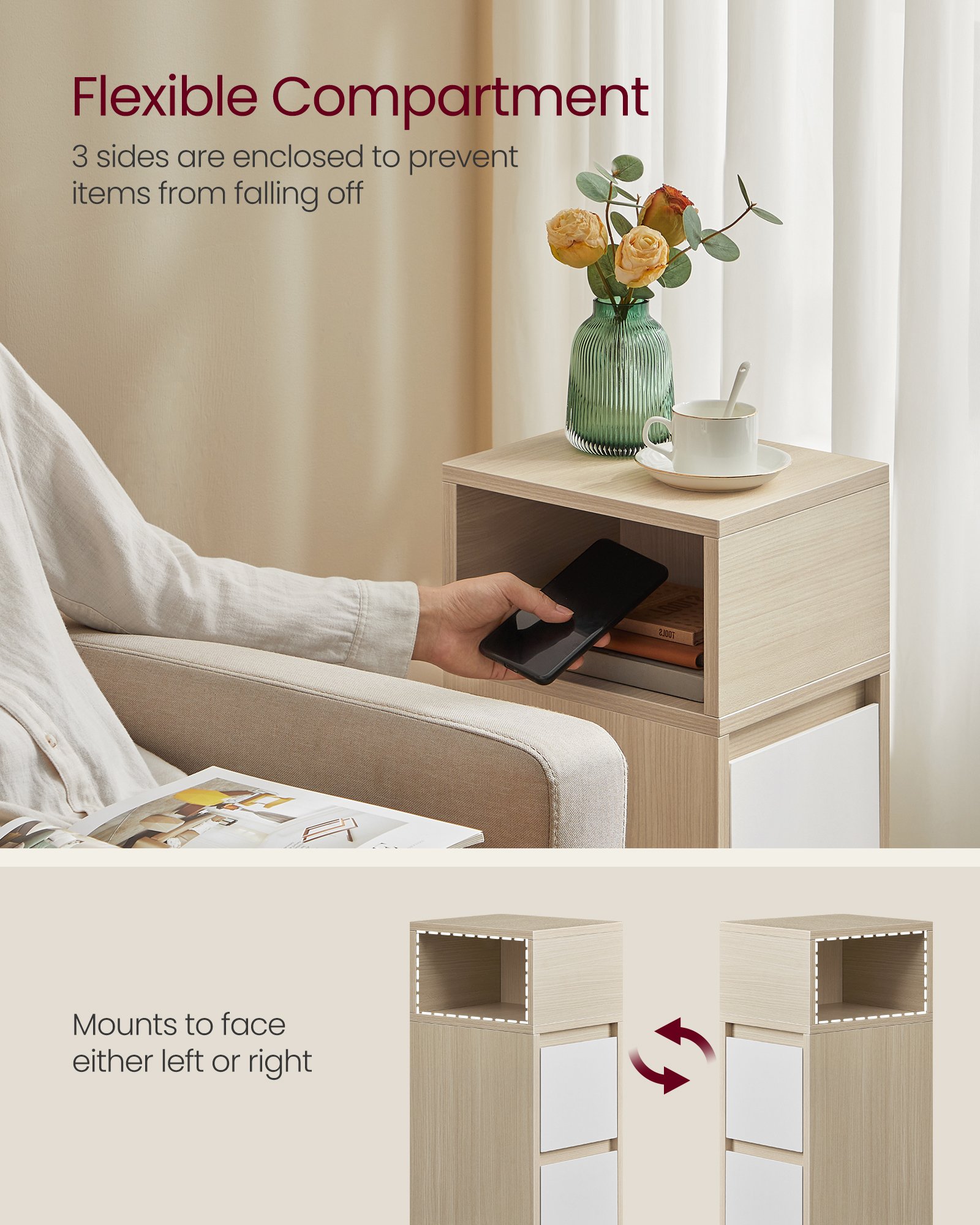 VASAGLE KAILYN Collection - Slim Bedside Tables, Set of 2 Small Narrow Side End Tables with Drawers, Flexible Open Compartment, for Bedroom, Living Room, Natural Beige and Cloud White LET856N01 3 VASAGLE KAILYN Collection - Slim Bedside Tables, Set of 2 Small Narrow Side End Tables with Drawers, Flexible Open Compartment, for Bedroom, Living Room, Natural Beige and Cloud White LET856N01 - Bild 3