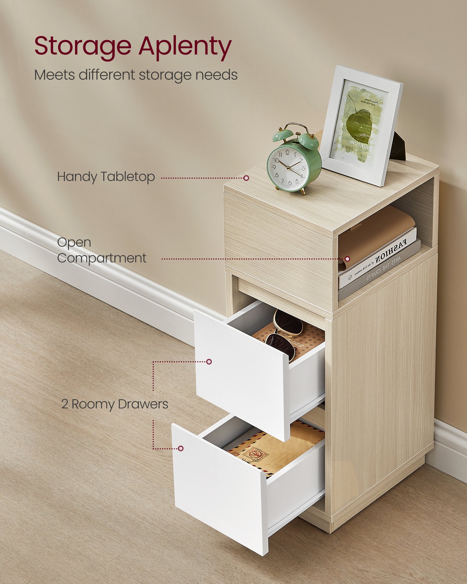 VASAGLE KAILYN Collection - Slim Bedside Tables, Set of 2 Small Narrow Side End Tables with Drawers, Flexible Open Compartment, for Bedroom, Living Room, Natural Beige and Cloud White LET856N01 4 VASAGLE KAILYN Collection - Slim Bedside Tables, Set of 2 Small Narrow Side End Tables with Drawers, Flexible Open Compartment, for Bedroom, Living Room, Natural Beige and Cloud White LET856N01 - Bild 4