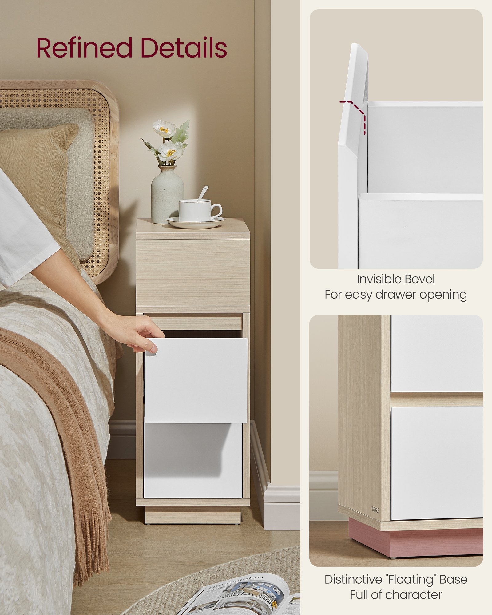 VASAGLE KAILYN Collection - Slim Bedside Tables, Set of 2 Small Narrow Side End Tables with Drawers, Flexible Open Compartment, for Bedroom, Living Room, Natural Beige and Cloud White LET856N01 5 VASAGLE KAILYN Collection - Slim Bedside Tables, Set of 2 Small Narrow Side End Tables with Drawers, Flexible Open Compartment, for Bedroom, Living Room, Natural Beige and Cloud White LET856N01 - Bild 5