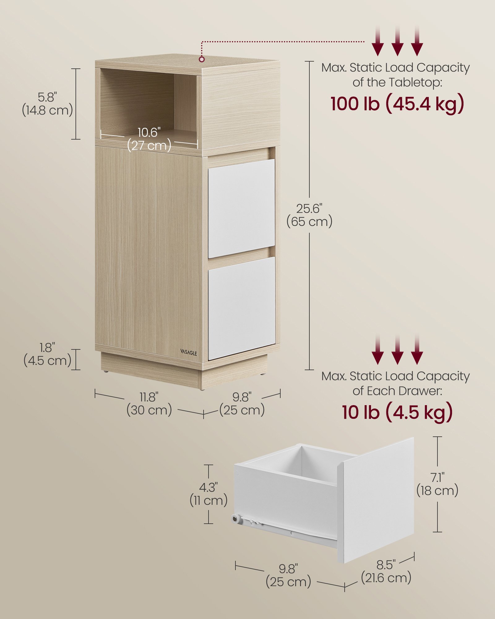 VASAGLE KAILYN Collection - Slim Bedside Tables, Set of 2 Small Narrow Side End Tables with Drawers, Flexible Open Compartment, for Bedroom, Living Room, Natural Beige and Cloud White LET856N01 6 VASAGLE KAILYN Collection - Slim Bedside Tables, Set of 2 Small Narrow Side End Tables with Drawers, Flexible Open Compartment, for Bedroom, Living Room, Natural Beige and Cloud White LET856N01 - Bild 6