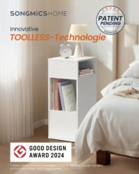 SONGMICS HOME Slim Bedside Table, Superfast Toolless Assembly, Narrow Storage Side Table with 2 Open Compartments & 1 Drawer, Small Bed Side Cabinet for Bedroom, 30 x 25 x 59.4 cm, White LET911WE01