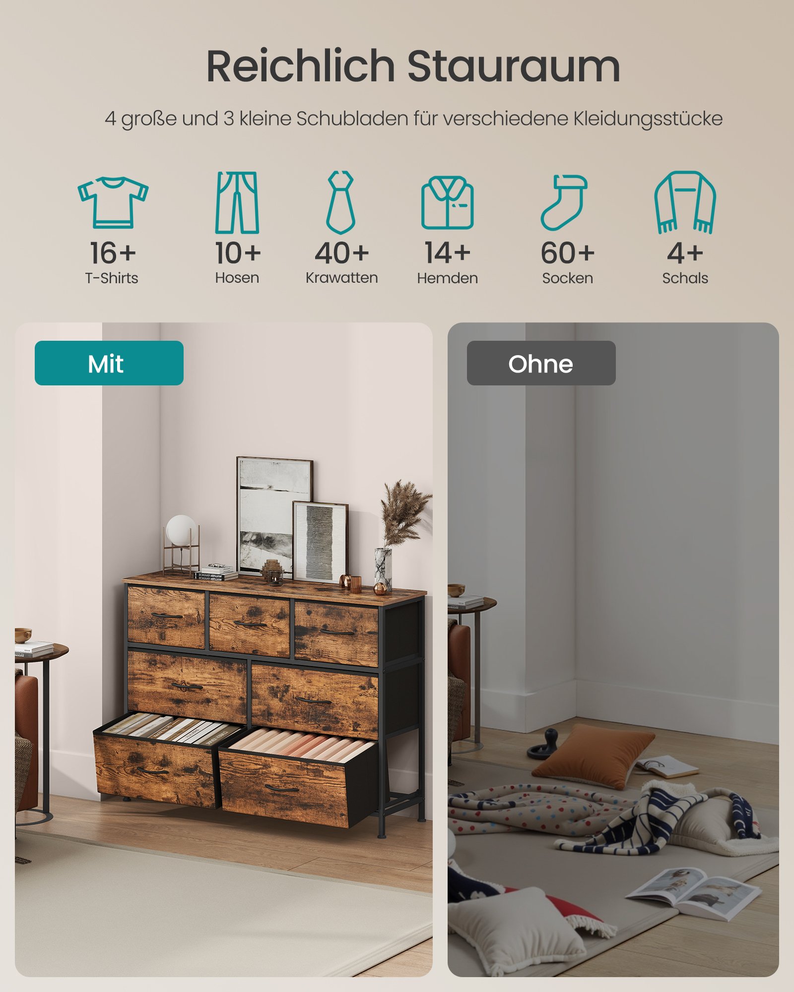 SONGMICS Chest of Drawers, 7 Storage Drawers Bedroom, Storage Unit, Steel, MDF, Non-Woven Fabric, for Bedroom, Closet, Hallway, Living Room, Rustic Brown and Ink Black LGS323BH04 2 SONGMICS Chest of Drawers, 7 Storage Drawers Bedroom, Storage Unit, Steel, MDF, Non-Woven Fabric, for Bedroom, Closet, Hallway, Living Room, Rustic Brown and Ink Black LGS323BH04 - Bild 2