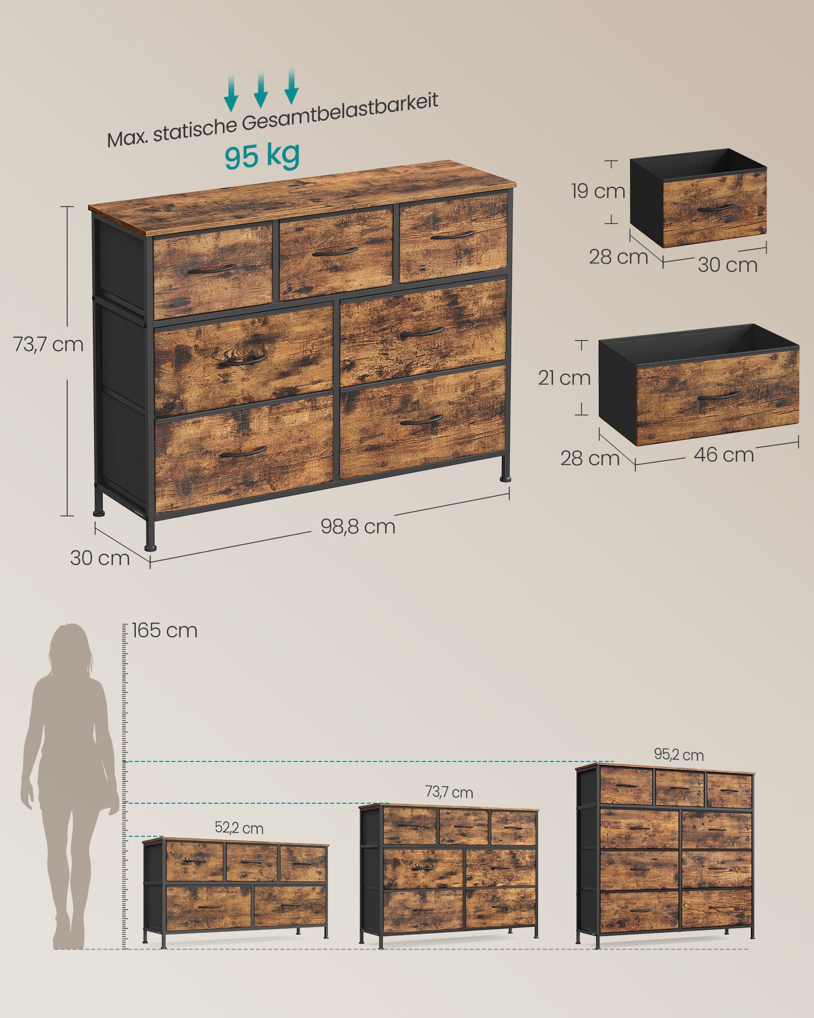 SONGMICS Chest of Drawers, 7 Storage Drawers Bedroom, Storage Unit, Steel, MDF, Non-Woven Fabric, for Bedroom, Closet, Hallway, Living Room, Rustic Brown and Ink Black LGS323BH04 4 SONGMICS Chest of Drawers, 7 Storage Drawers Bedroom, Storage Unit, Steel, MDF, Non-Woven Fabric, for Bedroom, Closet, Hallway, Living Room, Rustic Brown and Ink Black LGS323BH04 - Bild 4