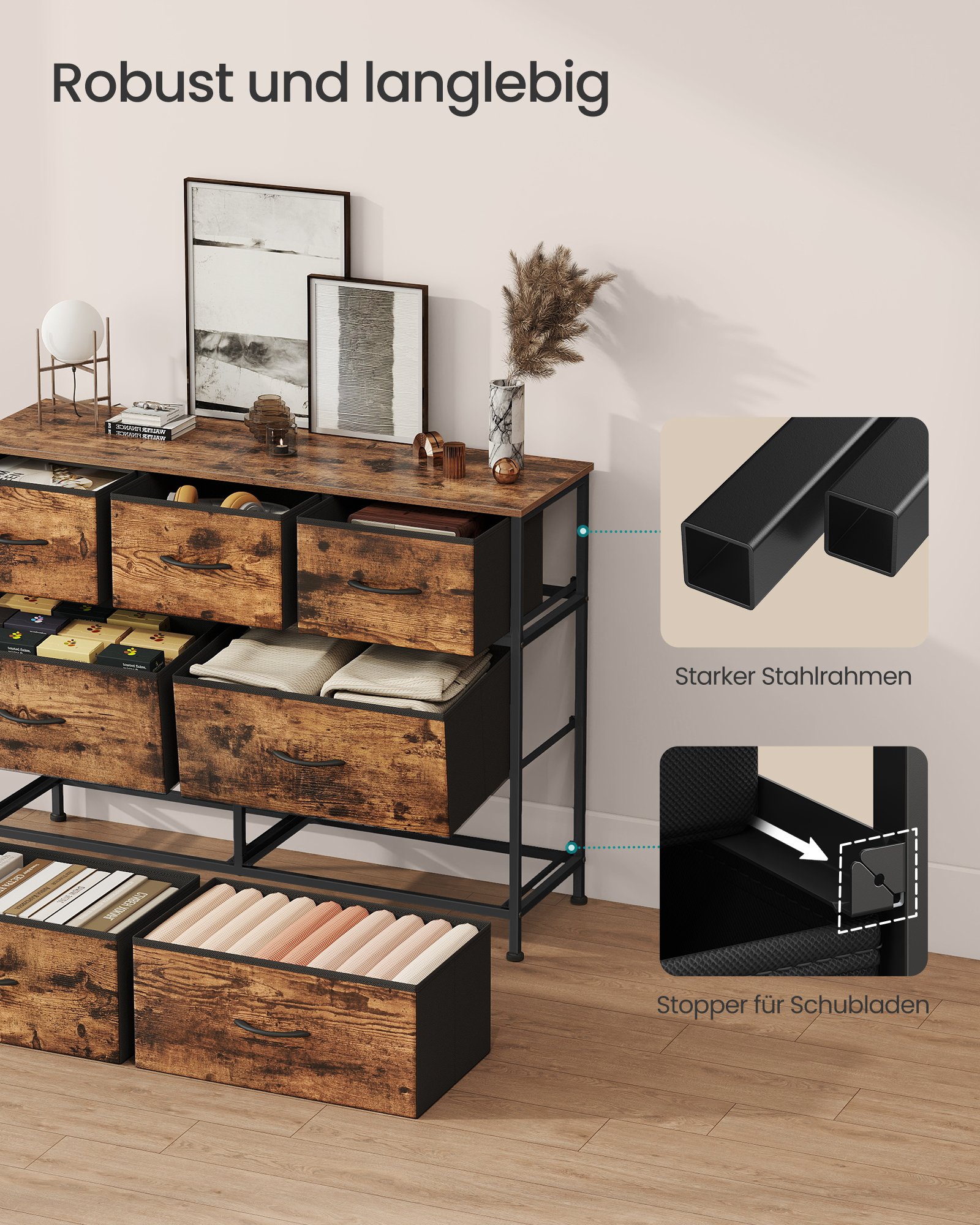 SONGMICS Chest of Drawers, 7 Storage Drawers Bedroom, Storage Unit, Steel, MDF, Non-Woven Fabric, for Bedroom, Closet, Hallway, Living Room, Rustic Brown and Ink Black LGS323BH04 5 SONGMICS Chest of Drawers, 7 Storage Drawers Bedroom, Storage Unit, Steel, MDF, Non-Woven Fabric, for Bedroom, Closet, Hallway, Living Room, Rustic Brown and Ink Black LGS323BH04 - Bild 5