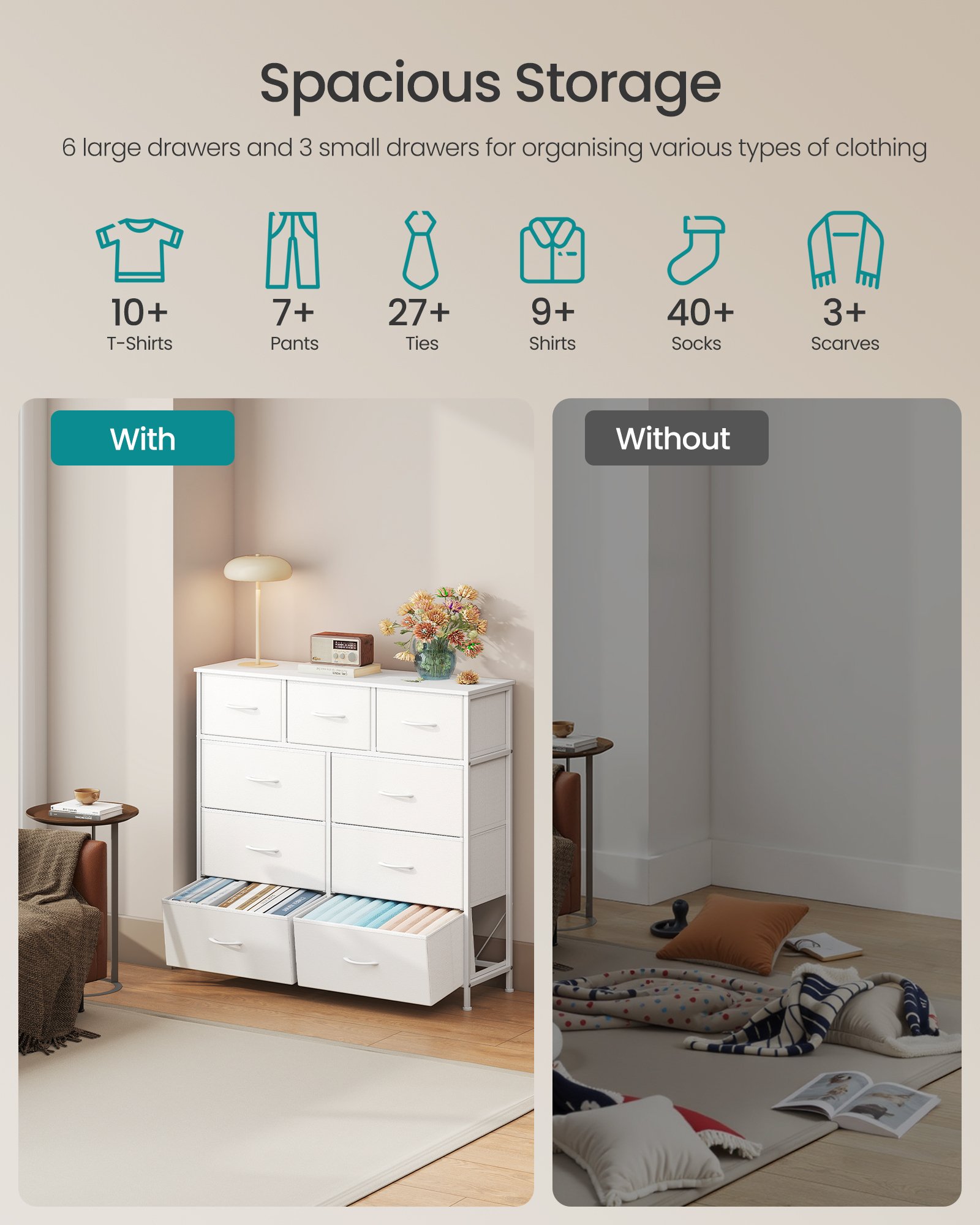 SONGMICS BELLAH Collection - Chest of Drawers, Storage Unit, Steel, for Bedroom, Closet, Hallway, Living Room, 9 Drawers, Modern, Cloud White and Snow White LGS324WH01 3 SONGMICS BELLAH Collection - Chest of Drawers, Storage Unit, Steel, for Bedroom, Closet, Hallway, Living Room, 9 Drawers, Modern, Cloud White and Snow White LGS324WH01 - Bild 3
