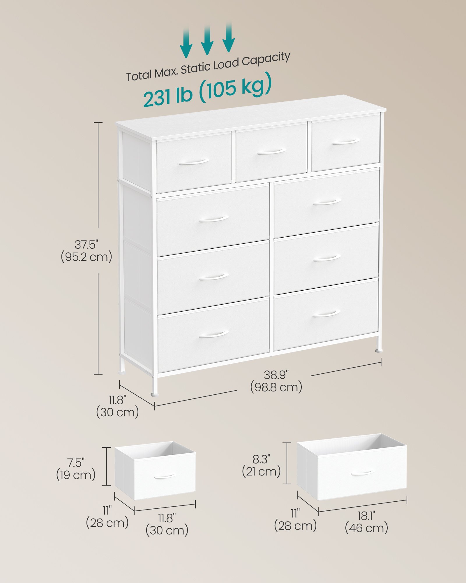 SONGMICS BELLAH Collection - Chest of Drawers, Storage Unit, Steel, for Bedroom, Closet, Hallway, Living Room, 9 Drawers, Modern, Cloud White and Snow White LGS324WH01 5 SONGMICS BELLAH Collection - Chest of Drawers, Storage Unit, Steel, for Bedroom, Closet, Hallway, Living Room, 9 Drawers, Modern, Cloud White and Snow White LGS324WH01 - Bild 5