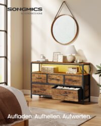 SONGMICS BELLAH Collection - Bedroom Chest of Drawers, Storage Unit, Adjustable LED Lighting, Power Strip, 1 Shelf, 5 Drawers, Industrial Style, Rustic Brown and Ink Black LGS723KD01